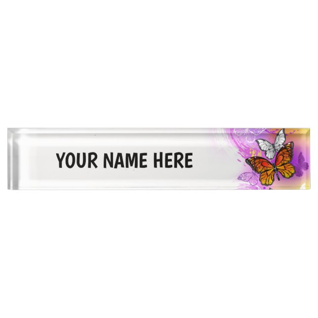 Monarch Butterflies on Purple Background Desk Name Plate (Front)