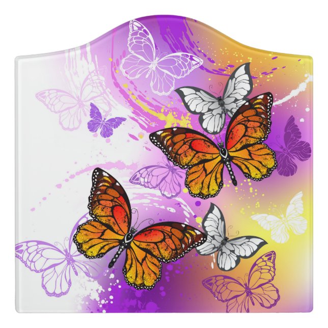 Monarch Butterflies on Purple Background Door Sign (Large Crest Front)
