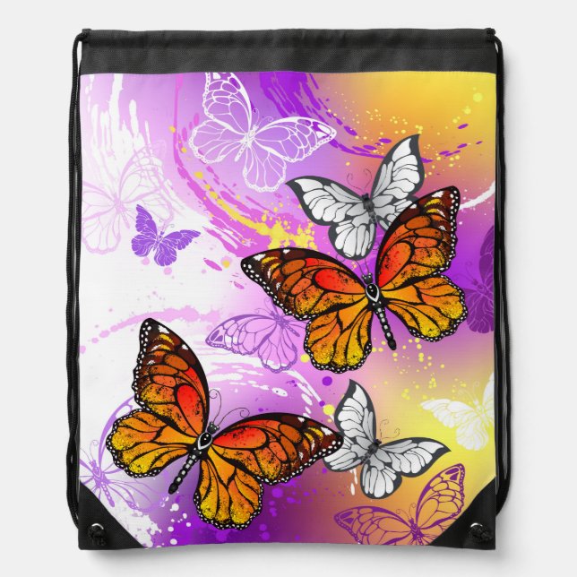 Monarch Butterflies on Purple Background Drawstring Bag (Front)