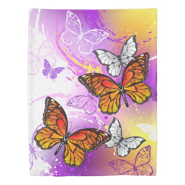 Monarch Butterflies on Purple Background Duvet Cover (Front)