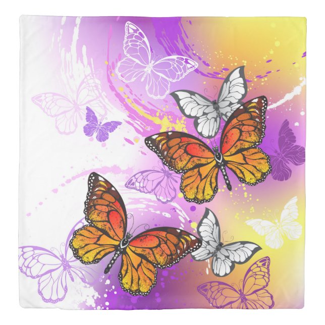 Monarch Butterflies on Purple Background Duvet Cover (Front)