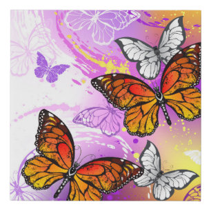 Monarch Butterflies on Purple Background Faux Canvas Print