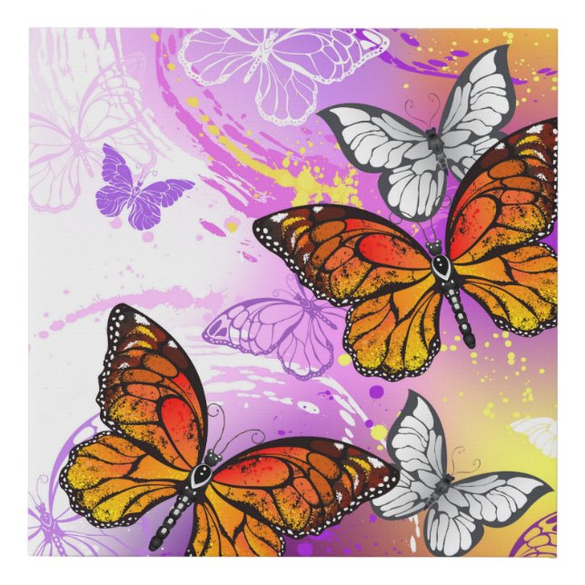 Monarch Butterflies on Purple Background Faux Canvas Print (Front)