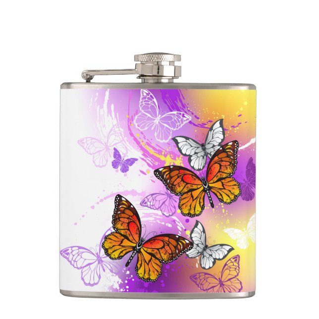 Monarch Butterflies on Purple Background Flask (Front)