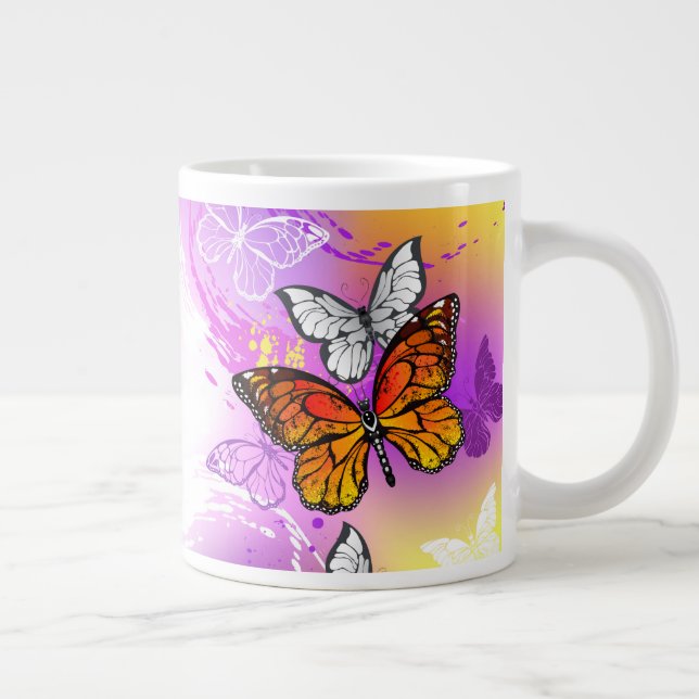 Monarch Butterflies on Purple Background Giant Coffee Mug (Right)