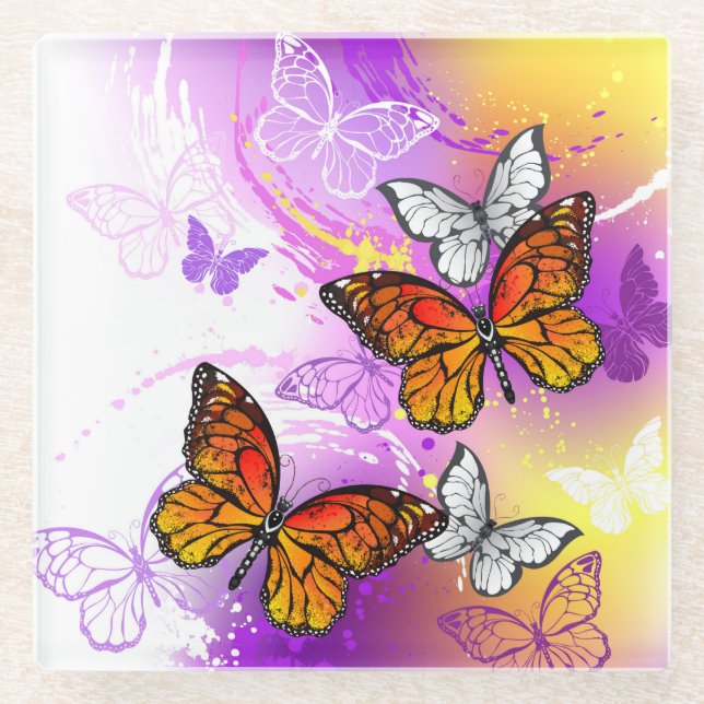 Monarch Butterflies on Purple Background Glass Coaster (Front)
