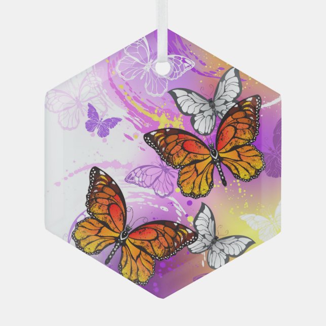 Monarch Butterflies on Purple Background Glass Ornament (Front)