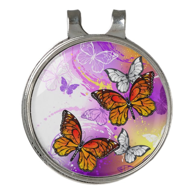 Monarch Butterflies on Purple Background Golf Hat Clip (Front)