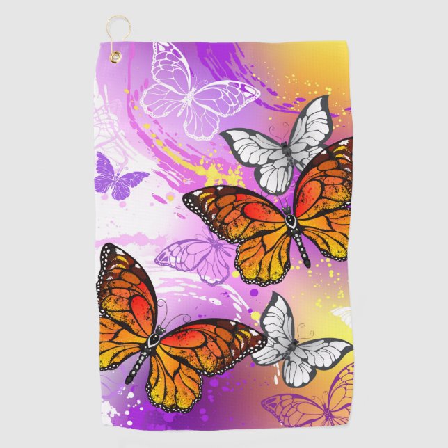 Monarch Butterflies on Purple Background Golf Towel (Front)