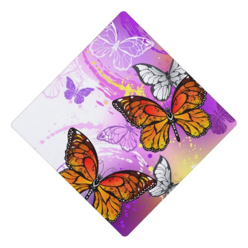 Monarch Butterflies on Purple Background Graduation Cap Topper