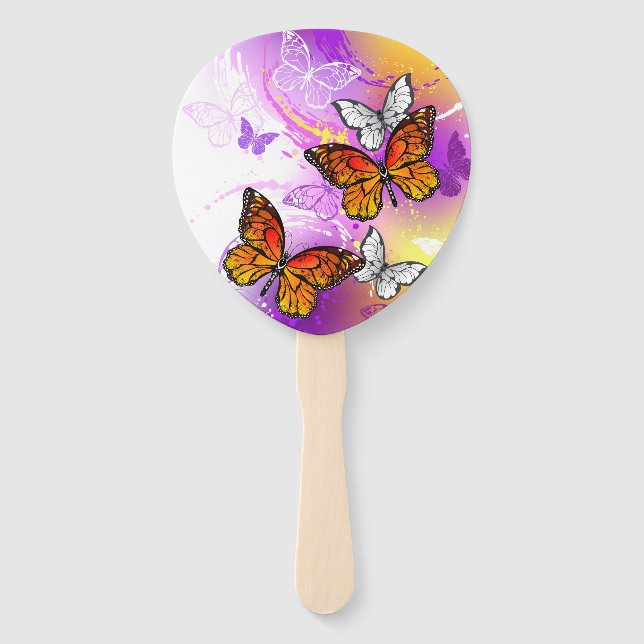 Monarch Butterflies on Purple Background Hand Fan (Front)