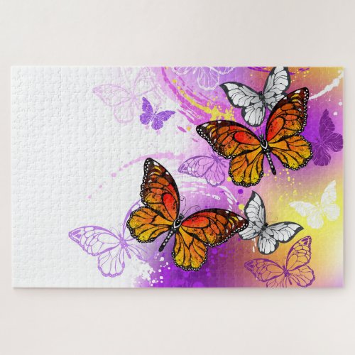 Monarch Butterflies on Purple Background Jigsaw Puzzle