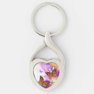 Monarch Butterflies on Purple Background Keychain