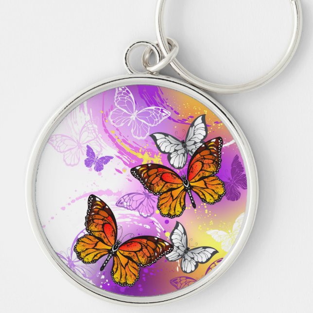 Monarch Butterflies on Purple Background Keychain (Front)