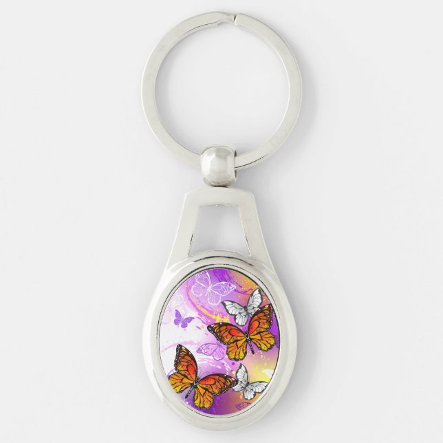 Monarch Butterflies on Purple Background Keychain (Front)
