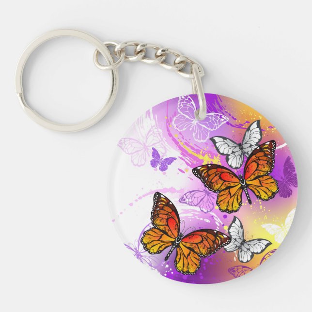 Monarch Butterflies on Purple Background Keychain (Front)
