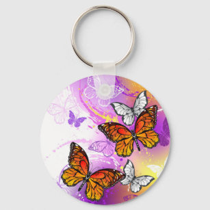 Monarch Butterflies on Purple Background Keychain