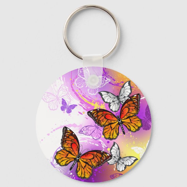 Monarch Butterflies on Purple Background Keychain (Front)