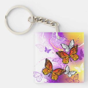 Monarch Butterflies on Purple Background Keychain