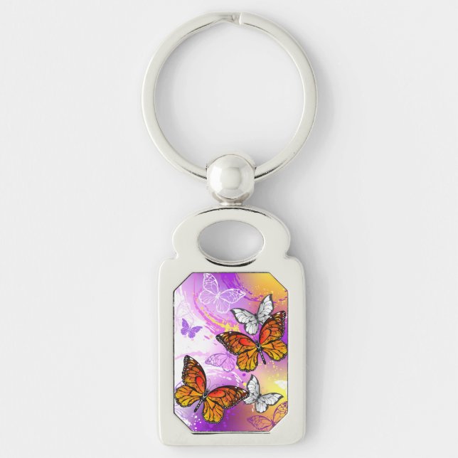 Monarch Butterflies on Purple Background Keychain (Front)