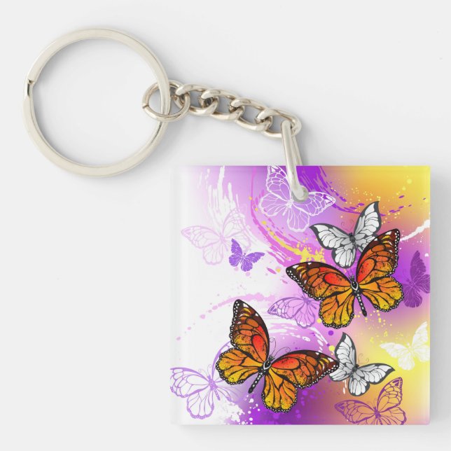 Monarch Butterflies on Purple Background Keychain (Front)