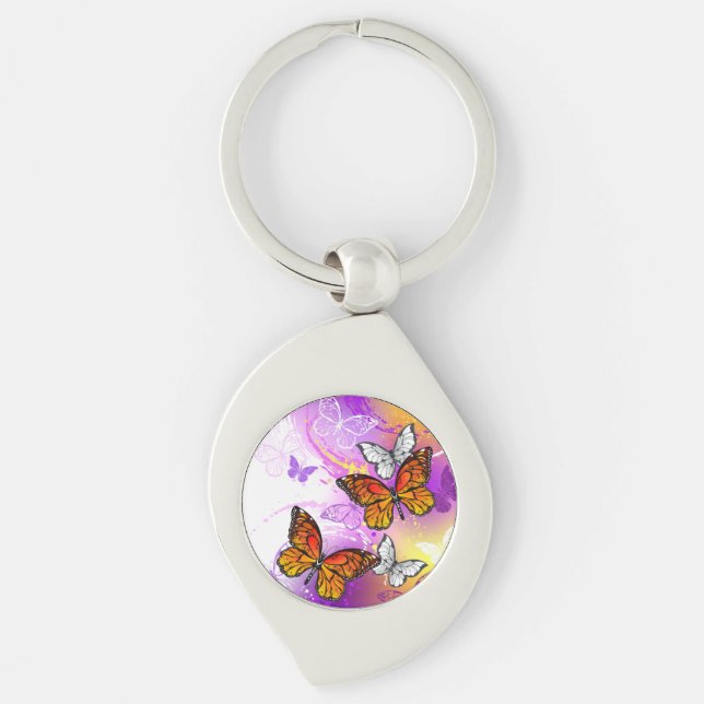 Monarch Butterflies on Purple Background Keychain (Front)