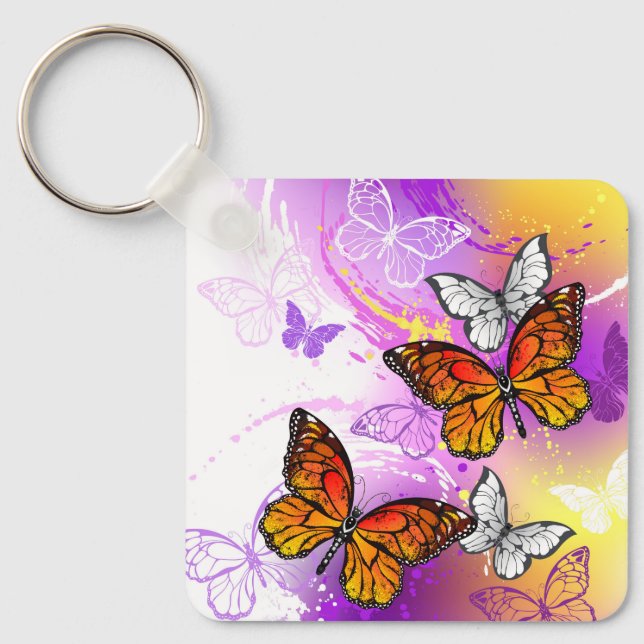 Monarch Butterflies on Purple Background Keychain (Front)
