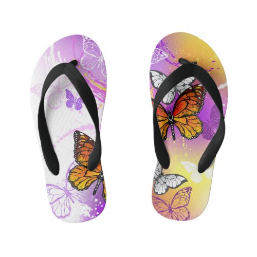 Monarch Butterflies on Purple Background Kids Flip Flops
