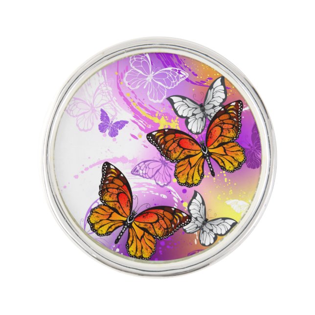 Monarch Butterflies on Purple Background Lapel Pin (Front)