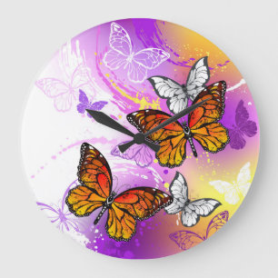 Monarch Butterflies on Purple Background Large Clock