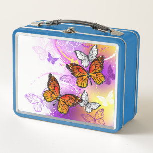 Monarch Butterflies on Purple Background Metal Lunch Box
