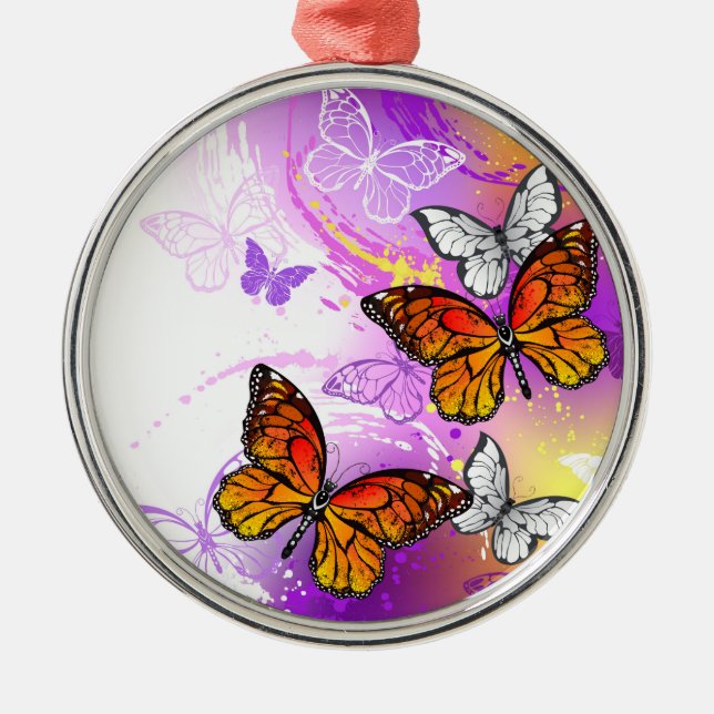 Monarch Butterflies on Purple Background Metal Ornament (Front)