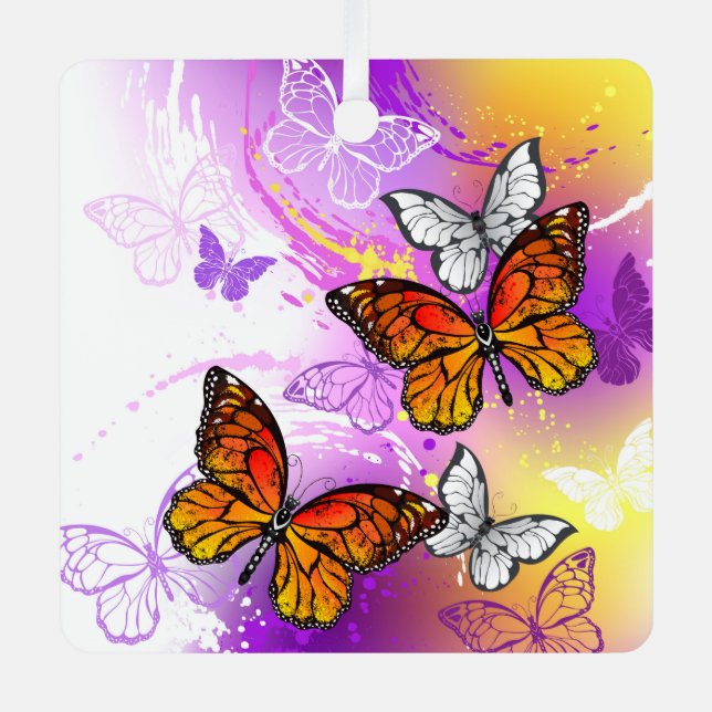 Monarch Butterflies on Purple Background Metal Ornament (Front)