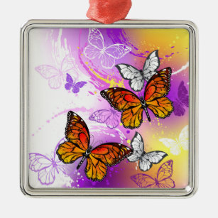 Monarch Butterflies on Purple Background Metal Ornament