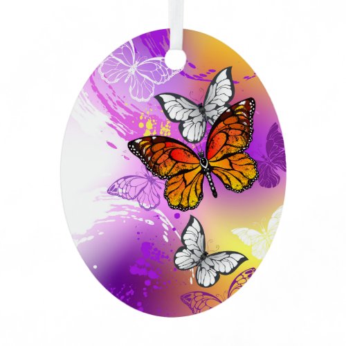 Monarch Butterflies on Purple Background Metal Ornament