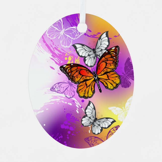 Monarch Butterflies on Purple Background Metal Ornament (Front)