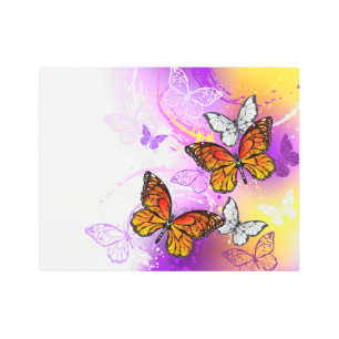 Monarch Butterflies on Purple Background Metal Print