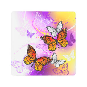 Monarch Butterflies on Purple Background Metal Print