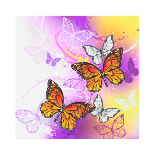 Monarch Butterflies on Purple Background Metal Print