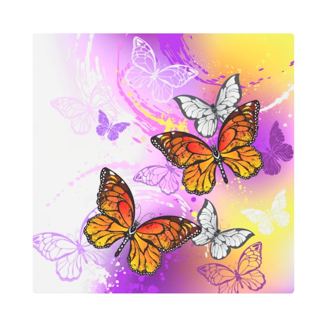 Monarch Butterflies on Purple Background Metal Print (Front)