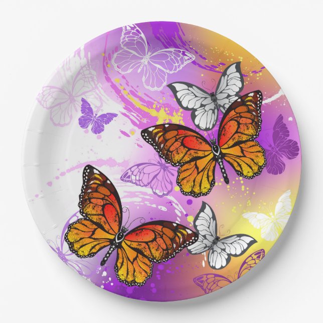 Monarch Butterflies on Purple Background Paper Plates (Front)