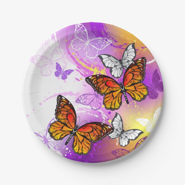 Monarch Butterflies on Purple Background Paper Plates (Front)