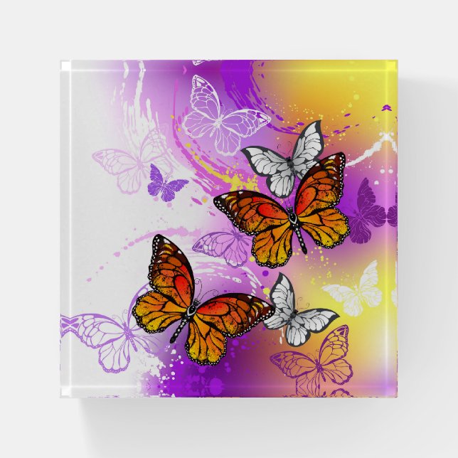 Monarch Butterflies on Purple Background Paperweight (Front)