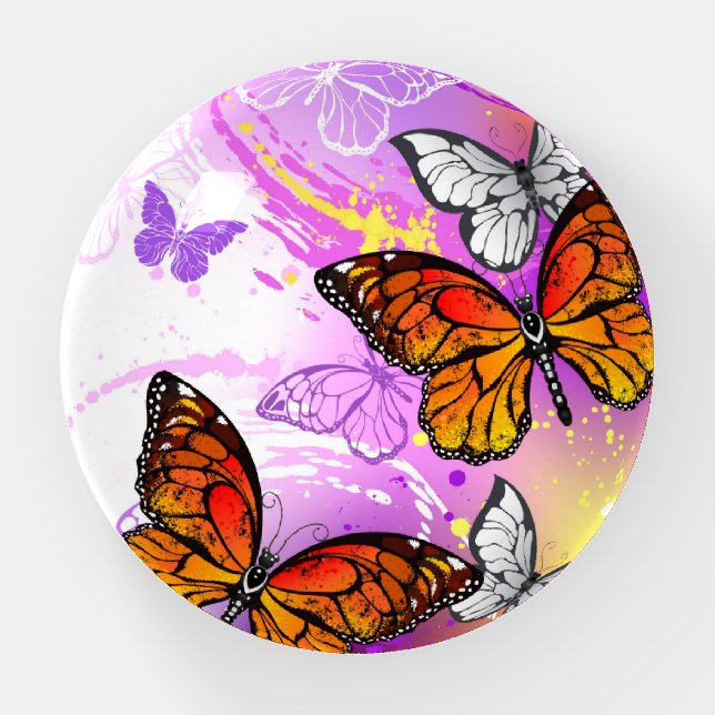 Monarch Butterflies on Purple Background Paperweight (Front)