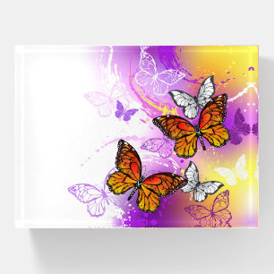 Monarch Butterflies on Purple Background Paperweight