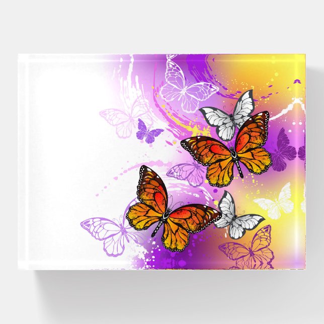 Monarch Butterflies on Purple Background Paperweight (Front)