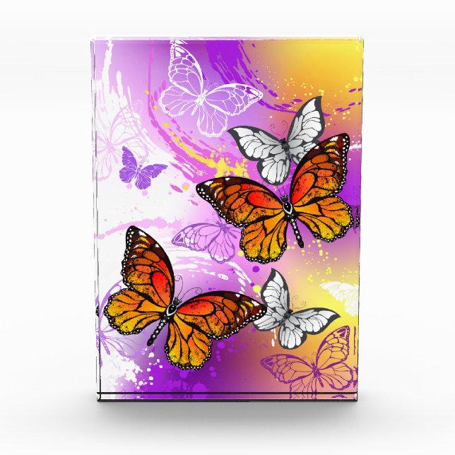 Monarch Butterflies on Purple Background Photo Block (Front)