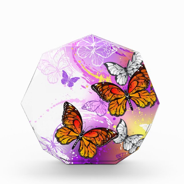 Monarch Butterflies on Purple Background Photo Block (Front)