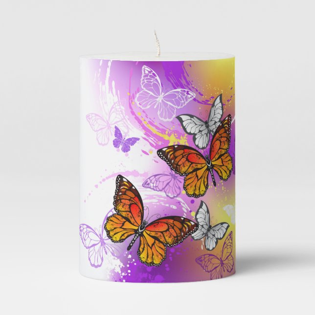 Monarch Butterflies on Purple Background Pillar Candle (Front)