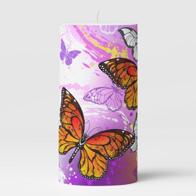 Monarch Butterflies on Purple Background Pillar Candle (Front)